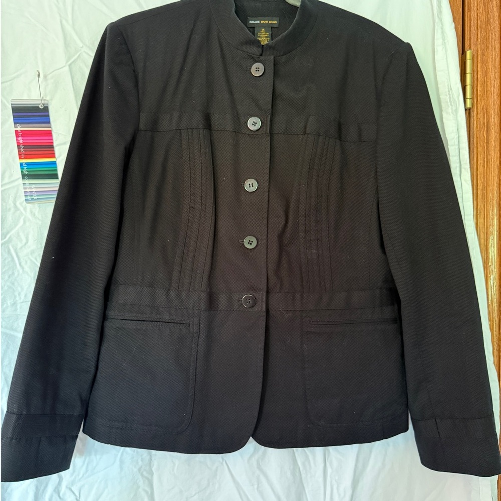 Black Cotton Blazer with Mandarin Collar and Tailored Fit
